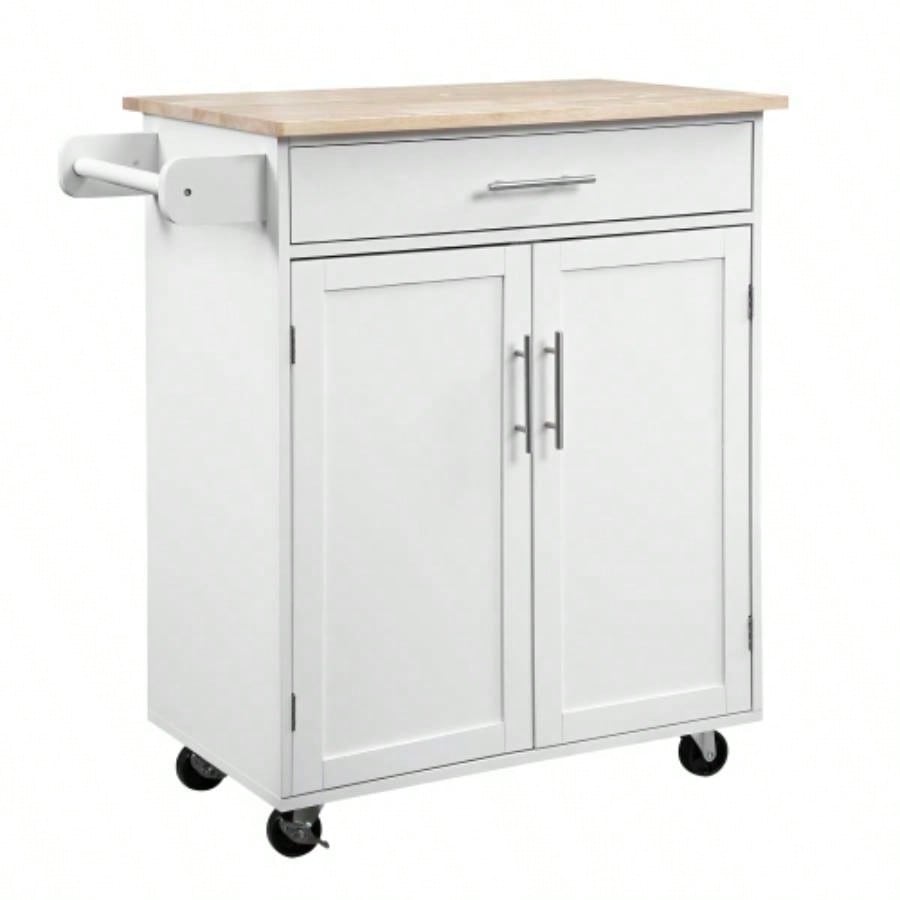 HOMCOM Kitchen Island Cart Rolling Trolley Cart with Drawer, Storage Cabinet Towel Rack, White