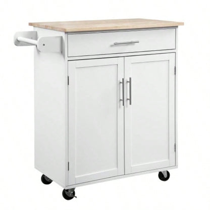 HOMCOM Kitchen Island Cart Rolling Trolley Cart with Drawer, Storage Cabinet Towel Rack, White