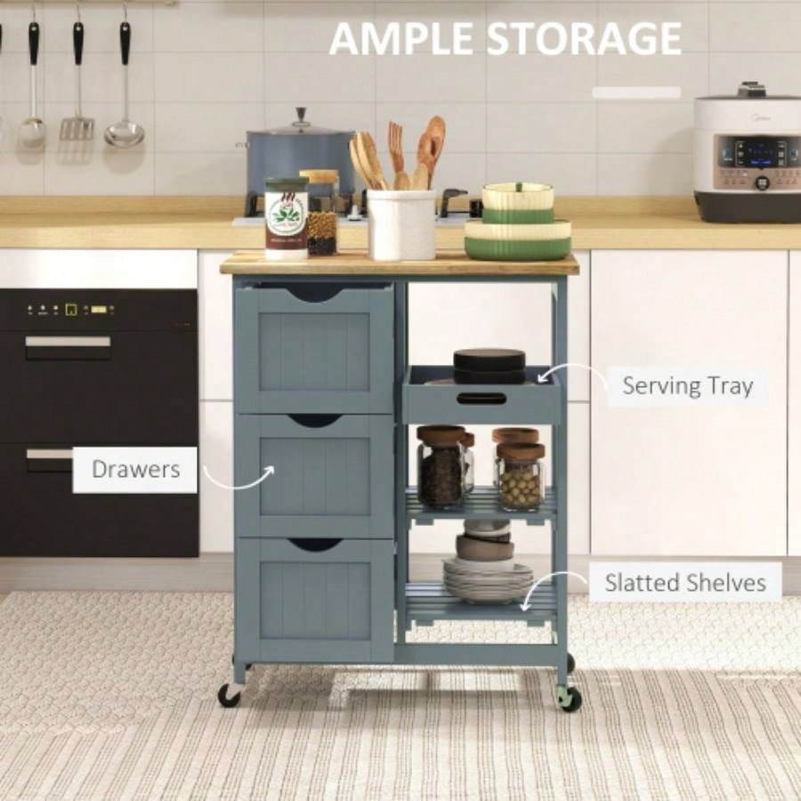 HOMCOM Rolling Kitchen Island Cart, Bar Serving Cart, Compact Trolley on Wheels with Wood Top, Shelves Drawers Home Dining Area, Gray