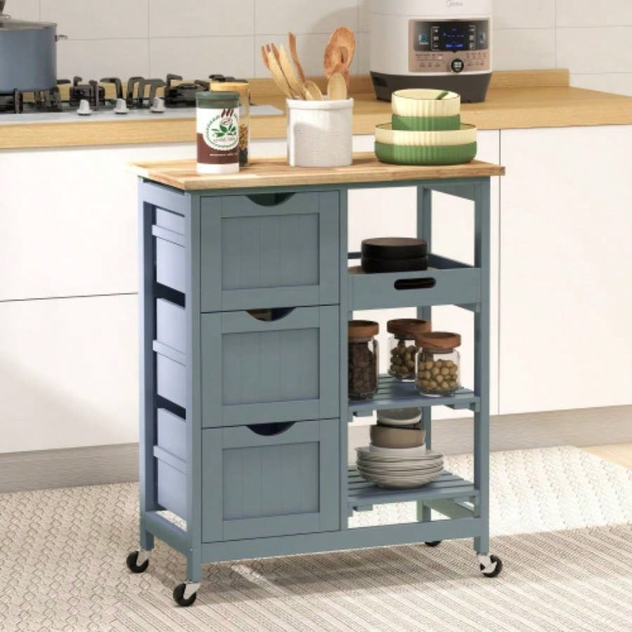 HOMCOM Rolling Kitchen Island Cart, Bar Serving Cart, Compact Trolley on Wheels with Wood Top, Shelves Drawers Home Dining Area, Gray