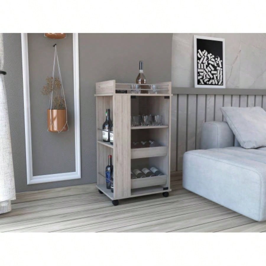 Bar Cart with Glass Door, 2 - Side Shelves and Casters, Light Gray