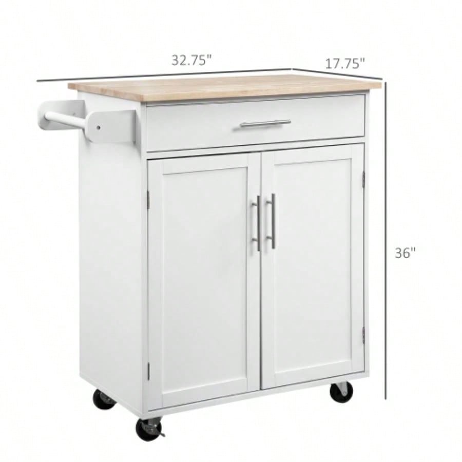 HOMCOM Kitchen Island Cart Rolling Trolley Cart with Drawer, Storage Cabinet Towel Rack, White
