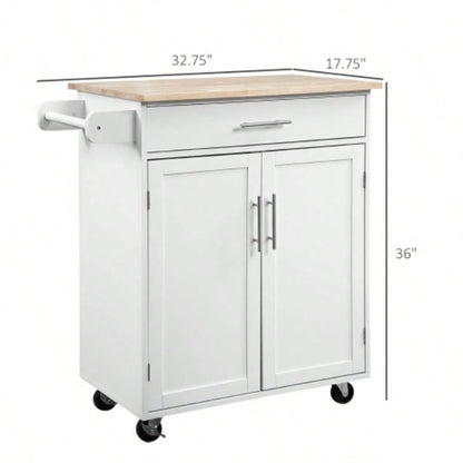 HOMCOM Kitchen Island Cart Rolling Trolley Cart with Drawer, Storage Cabinet Towel Rack, White