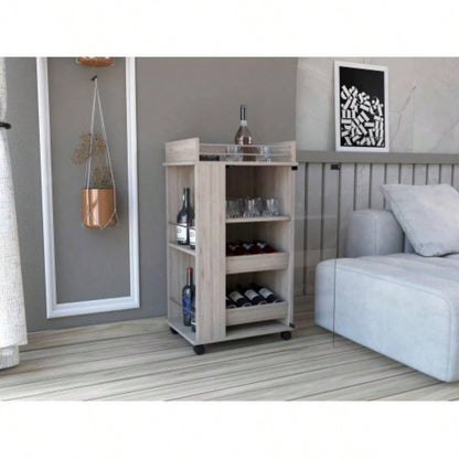 Bar Cart with Glass Door, 2 - Side Shelves and Casters, Light Gray