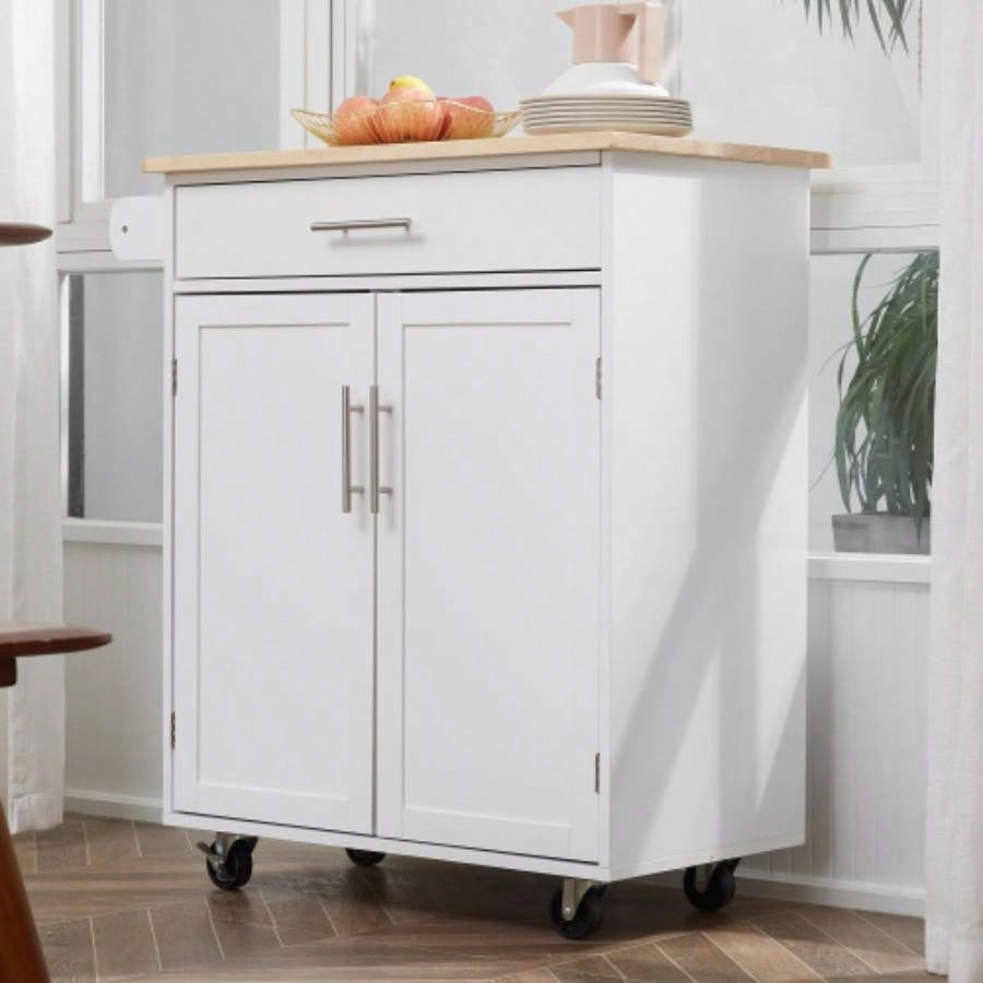 HOMCOM Kitchen Island Cart Rolling Trolley Cart with Drawer, Storage Cabinet Towel Rack, White