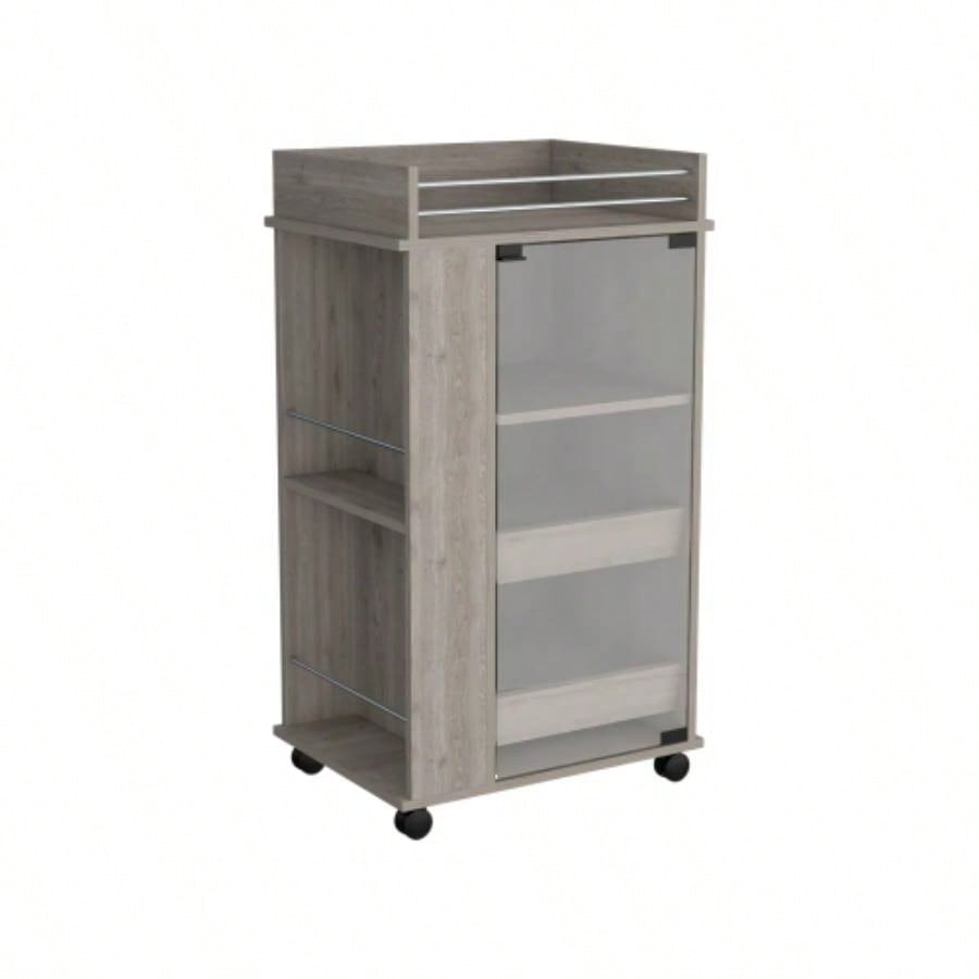 Bar Cart with Glass Door, 2 - Side Shelves and Casters, Light Gray