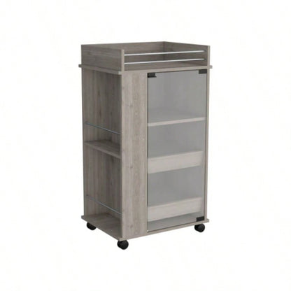 Bar Cart with Glass Door, 2 - Side Shelves and Casters, Light Gray