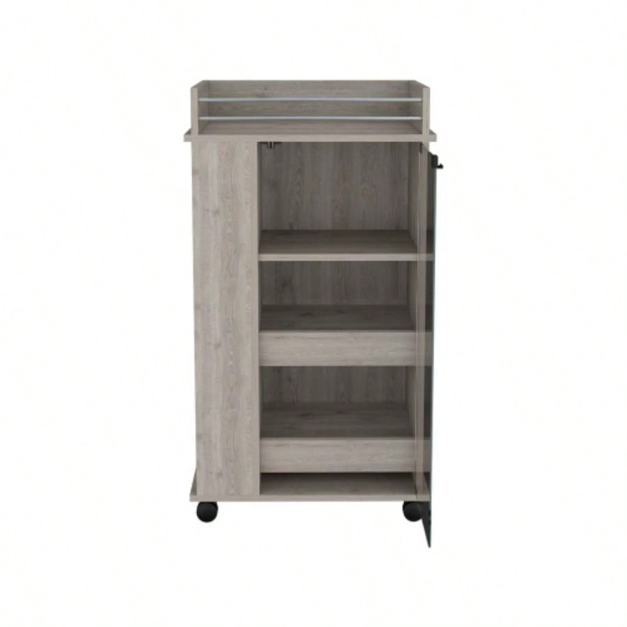 Bar Cart with Glass Door, 2 - Side Shelves and Casters, Light Gray