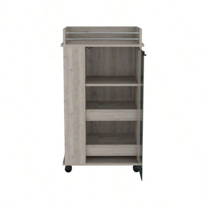 Bar Cart with Glass Door, 2 - Side Shelves and Casters, Light Gray