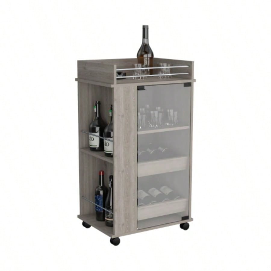 Bar Cart with Glass Door, 2 - Side Shelves and Casters, Light Gray
