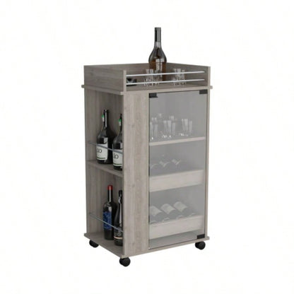 Bar Cart with Glass Door, 2 - Side Shelves and Casters, Light Gray