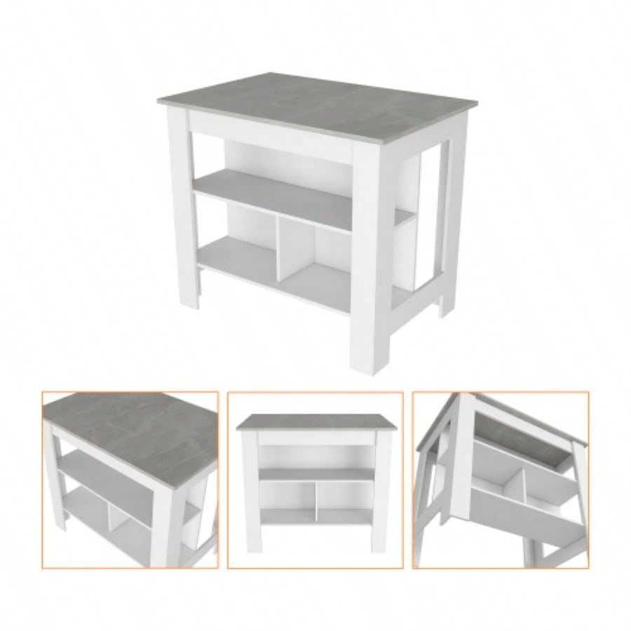 Kitchen Island Dozza, Three Shelves, White/ Ibiza Marble Color