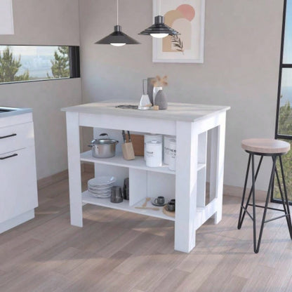 Kitchen Island Dozza, Three Shelves, White/ Ibiza Marble Color