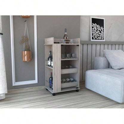 Bar Cart with Glass Door, 2 - Side Shelves and Casters, Light Gray
