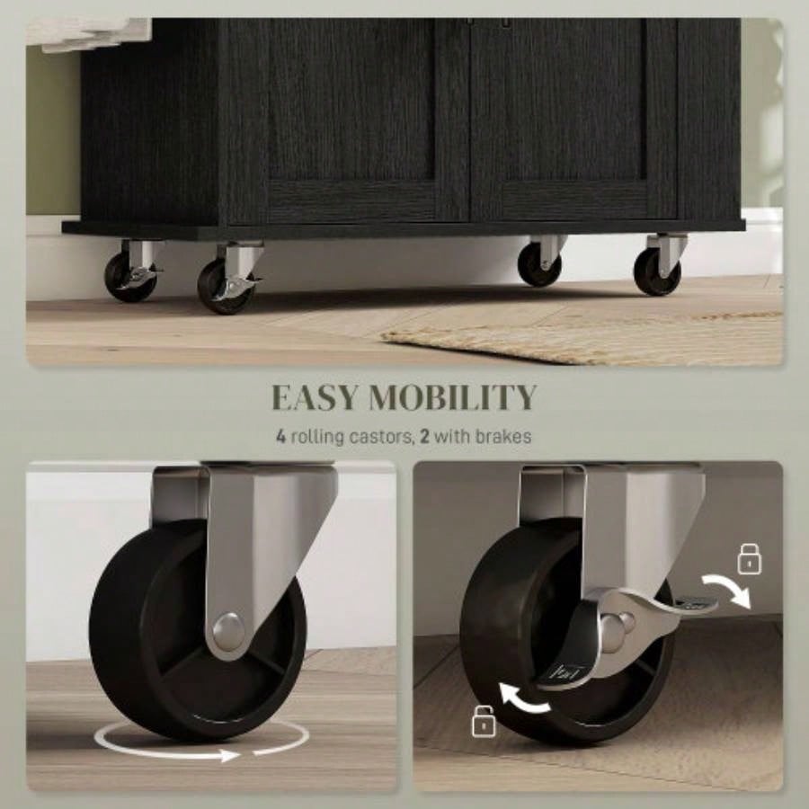 HOMCOM Kitchen Island with Storage, Rolling Kitchen Cart with AC Outlets and USB Ports, Microwave Stand with Towel and Spice Rack, Black