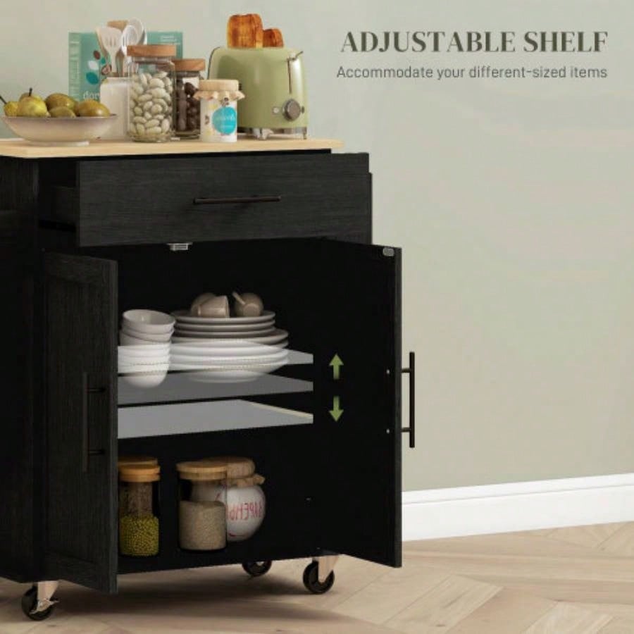 HOMCOM Kitchen Island with Storage, Rolling Kitchen Cart with AC Outlets and USB Ports, Microwave Stand with Towel and Spice Rack, Black