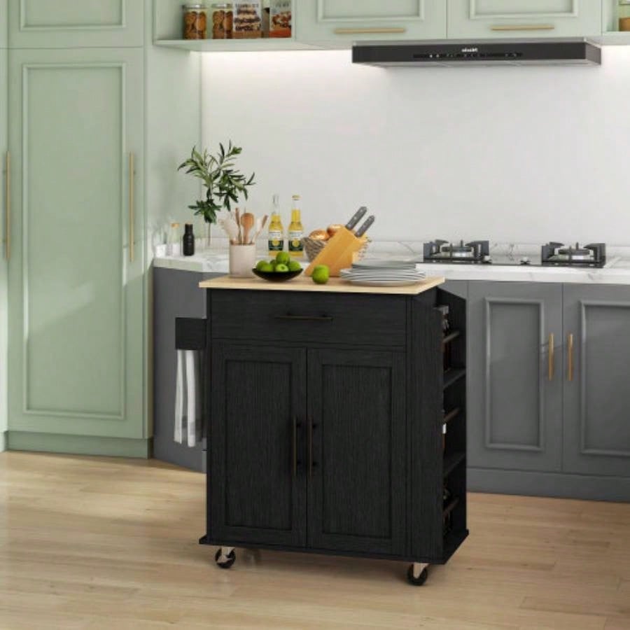 HOMCOM Kitchen Island with Storage, Rolling Kitchen Cart with AC Outlets and USB Ports, Microwave Stand with Towel and Spice Rack, Black