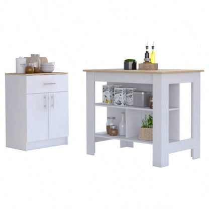2 Piece Kitchen Set, Kitchen Island+ Pantry Cabinet, White/Light Oak