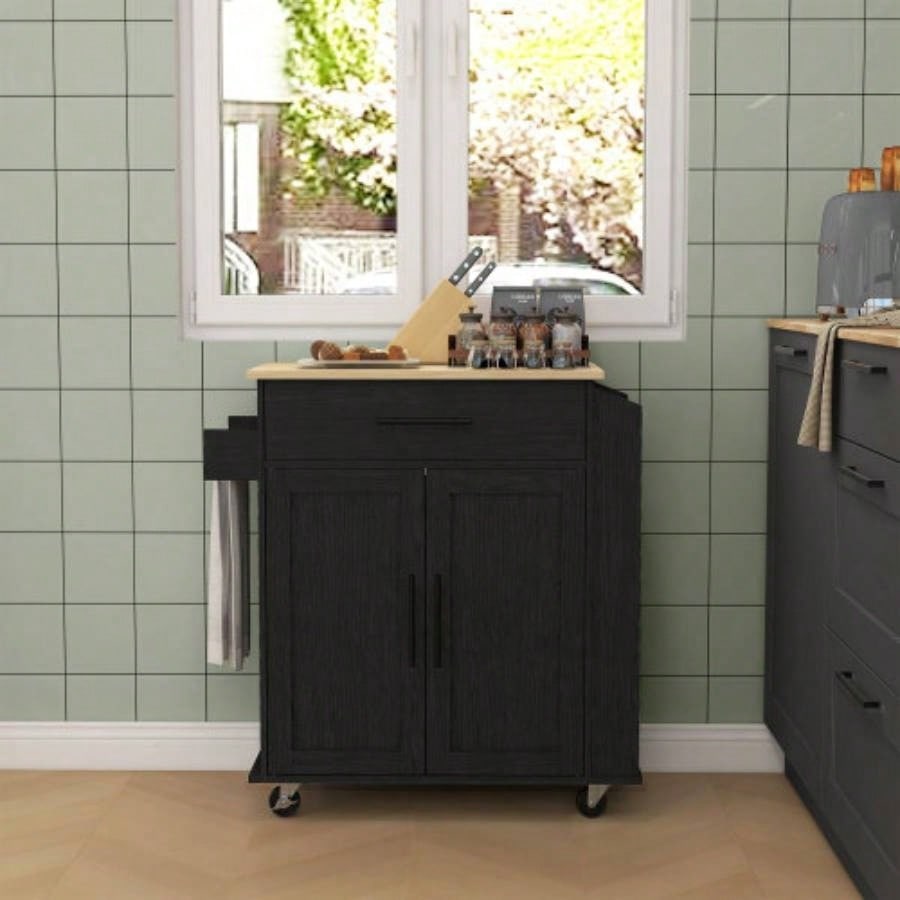 HOMCOM Kitchen Island with Storage, Rolling Kitchen Cart with AC Outlets and USB Ports, Microwave Stand with Towel and Spice Rack, Black