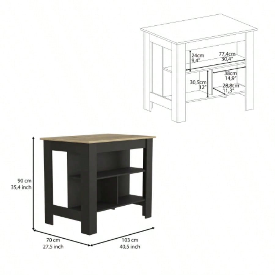 Kitchen Island Dozza, Three Shelves, Black Wengue/ Light Oak