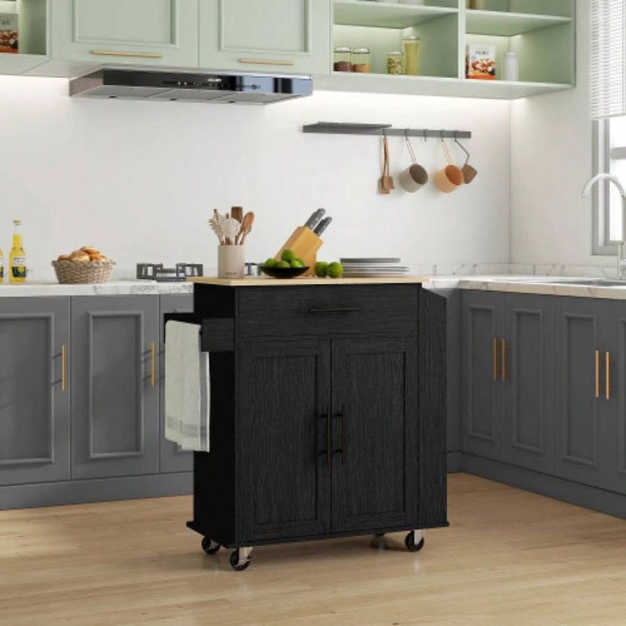 HOMCOM Kitchen Island with Storage, Rolling Kitchen Cart with AC Outlets and USB Ports, Microwave Stand with Towel and Spice Rack, Black