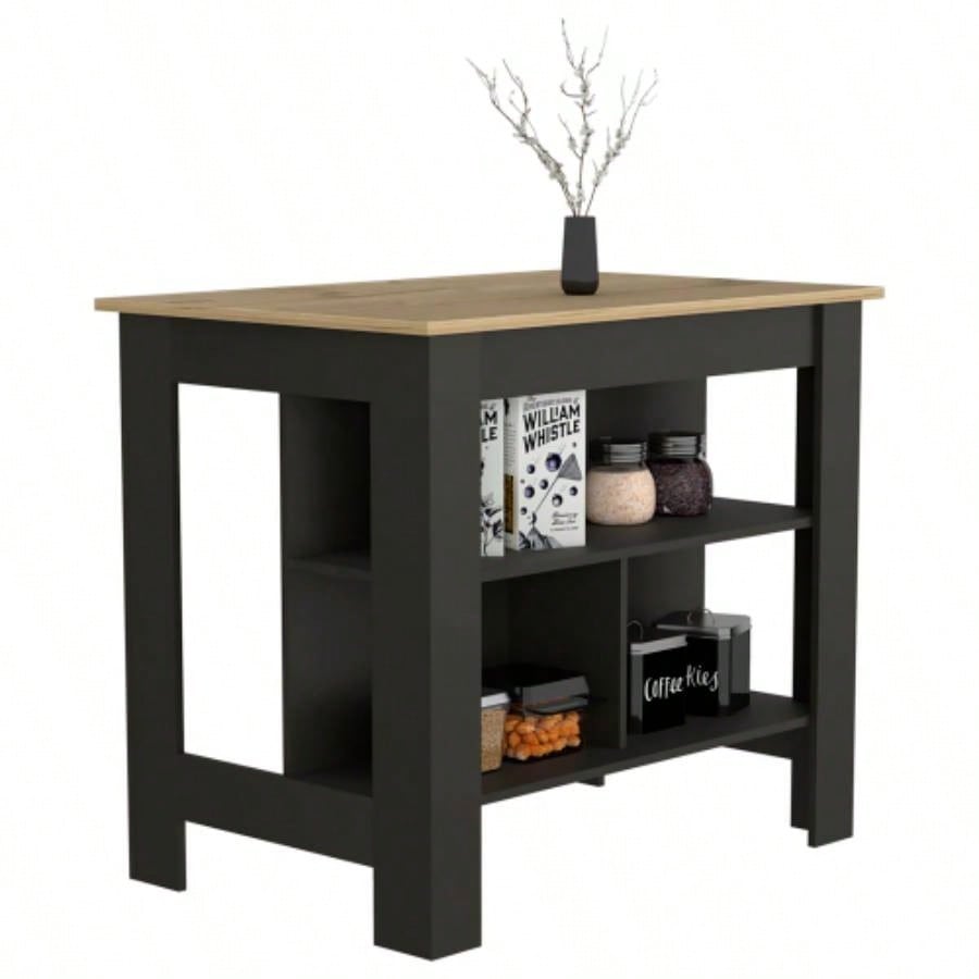Kitchen Island Dozza, Three Shelves, Black Wengue/ Light Oak