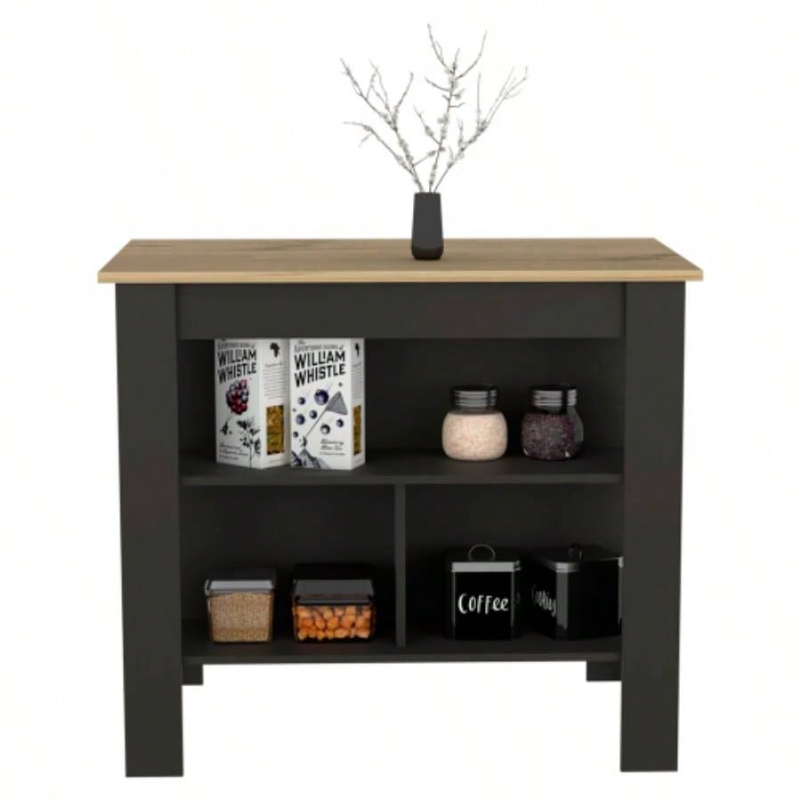 Kitchen Island Dozza, Three Shelves, Black Wengue/ Light Oak