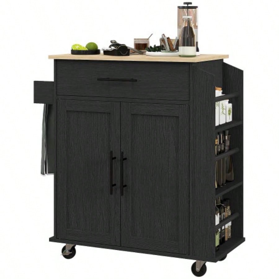 HOMCOM Kitchen Island with Storage, Rolling Kitchen Cart with AC Outlets and USB Ports, Microwave Stand with Towel and Spice Rack, Black