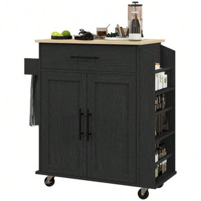 HOMCOM Kitchen Island with Storage, Rolling Kitchen Cart with AC Outlets and USB Ports, Microwave Stand with Towel and Spice Rack, Black