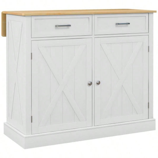 HOMCOM Rolling Kitchen Island with Drop Leaf Wood Breakfast Bar, Farmhouse Kitchen Cart with 2 Drawers, Adjustable Shelves Dining Room, White