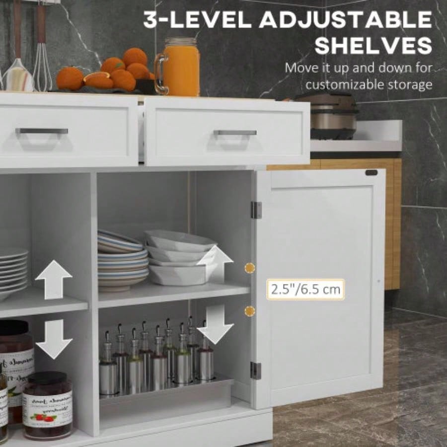HOMCOM Rolling Kitchen Island with Drop Leaf Wood Breakfast Bar, Farmhouse Kitchen Cart with 2 Drawers, Adjustable Shelves Dining Room, White