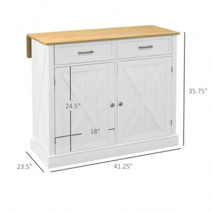 HOMCOM Rolling Kitchen Island with Drop Leaf Wood Breakfast Bar, Farmhouse Kitchen Cart with 2 Drawers, Adjustable Shelves Dining Room, White