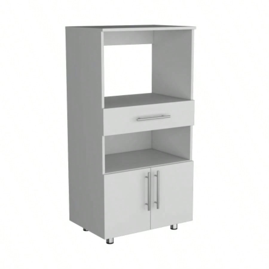 Kitchen Pantry 48 H, Two Open Storage Shelves, One Microwave, Two Doors, Four, White