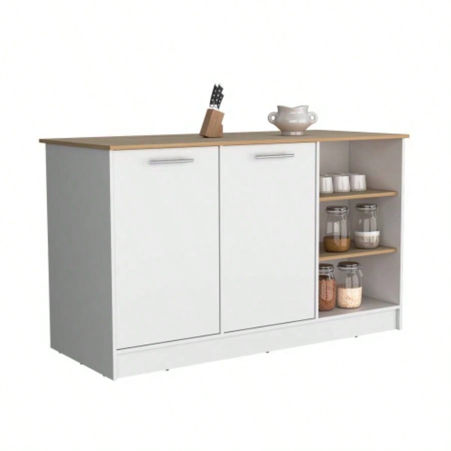 Kitchen Island Two Cabinets, Three Open Shelves, White/ Natural Oak
