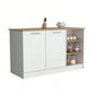 Kitchen Island Two Cabinets, Three Open Shelves, White/ Natural Oak