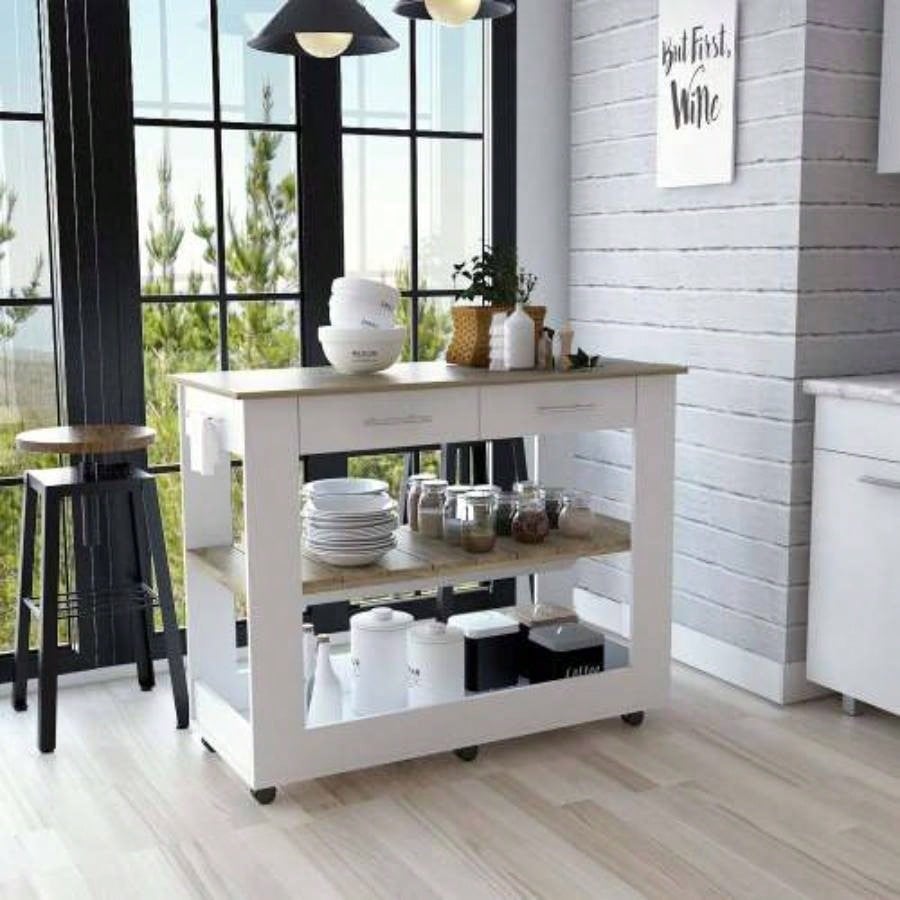 Kitchen Island 36 H, Six Casters, Two Drawers, Two Open Storage Shelves, Towel Hanger, White/Light Oak