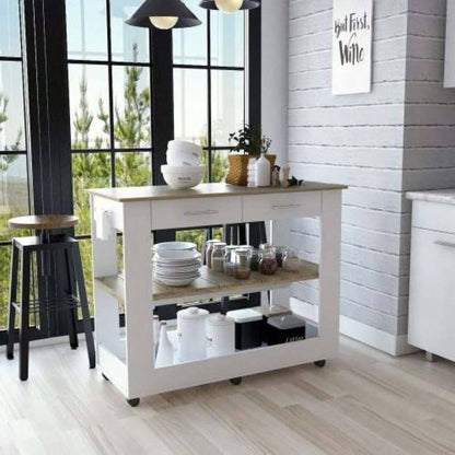 Kitchen Island 36 H, Six Casters, Two Drawers, Two Open Storage Shelves, Towel Hanger, White/Light Oak