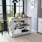 Kitchen Island 36 H, Six Casters, Two Drawers, Two Open Storage Shelves, Towel Hanger, White/Light Oak