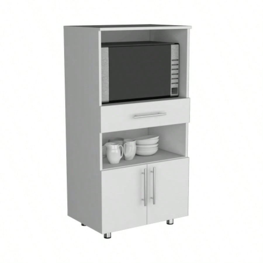 Kitchen Pantry 48 H, Two Open Storage Shelves, One Microwave, Two Doors, Four, White