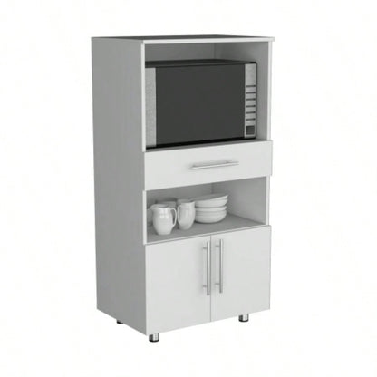 Kitchen Pantry 48 H, Two Open Storage Shelves, One Microwave, Two Doors, Four, White
