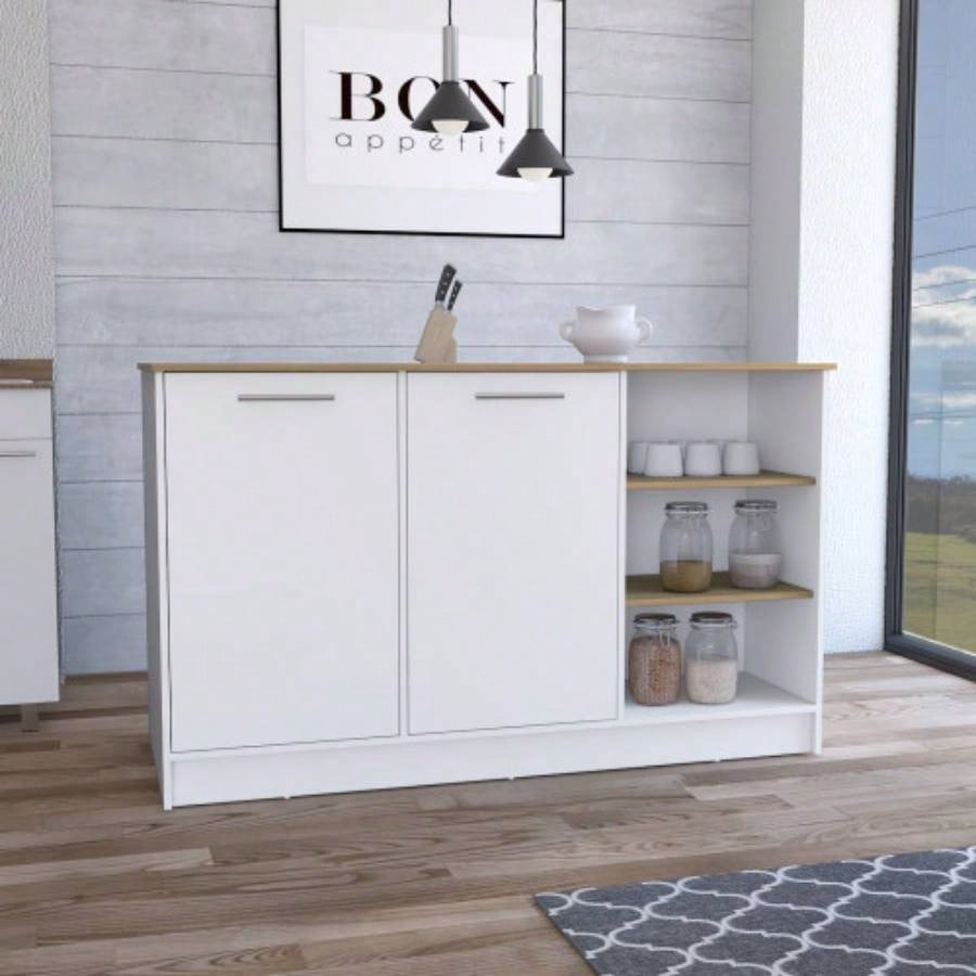 Kitchen Island Two Cabinets, Three Open Shelves, White/ Natural Oak