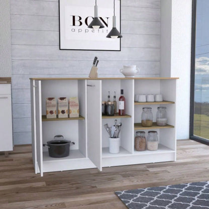 Kitchen Island Two Cabinets, Three Open Shelves, White/ Natural Oak