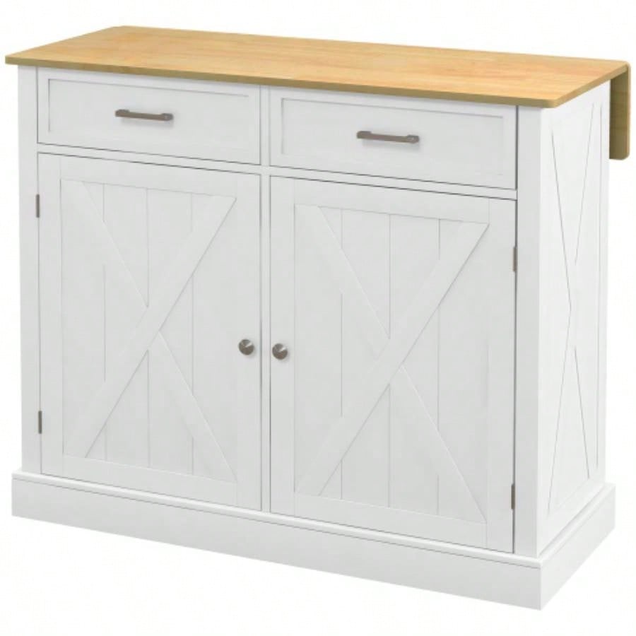 HOMCOM Rolling Kitchen Island with Drop Leaf Wood Breakfast Bar, Farmhouse Kitchen Cart with 2 Drawers, Adjustable Shelves Dining Room, White