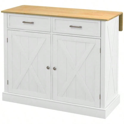 HOMCOM Rolling Kitchen Island with Drop Leaf Wood Breakfast Bar, Farmhouse Kitchen Cart with 2 Drawers, Adjustable Shelves Dining Room, White