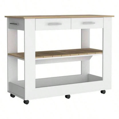 Kitchen Island 36 H, Six Casters, Two Drawers, Two Open Storage Shelves, Towel Hanger, White/Light Oak