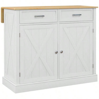 HOMCOM Rolling Kitchen Island with Drop Leaf Wood Breakfast Bar, Farmhouse Kitchen Cart with 2 Drawers, Adjustable Shelves Dining Room, White