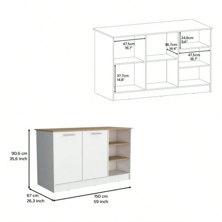 Kitchen Island Two Cabinets, Three Open Shelves, White/ Natural Oak