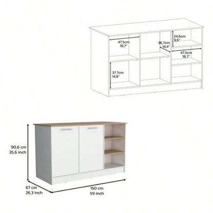Kitchen Island Two Cabinets, Three Open Shelves, White/ Natural Oak
