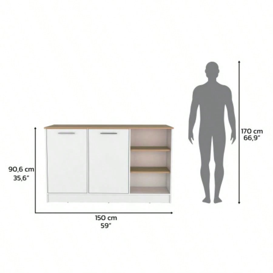 Kitchen Island Two Cabinets, Three Open Shelves, White/ Natural Oak