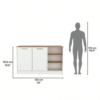 Kitchen Island Two Cabinets, Three Open Shelves, White/ Natural Oak